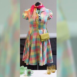 1950s Style Pastel Plaid Swing Dress with Cap Sleeve XL